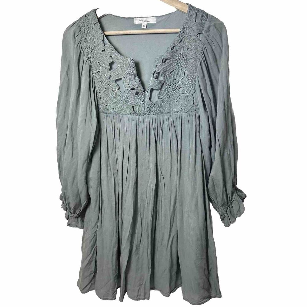 Winwin Dress Womens Medium Crochet Babydoll Shirt Boho Short Green Prair…